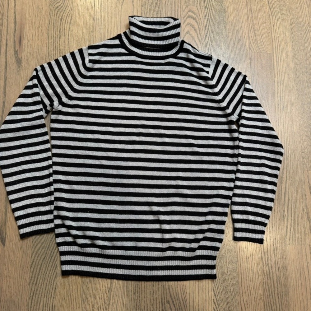JOSEPH A Petite‎ Striped Turtleneck Sweater Black Silver Metallic Knit